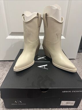 Armani Exchange Women's Light Cream Western Ankle Boots